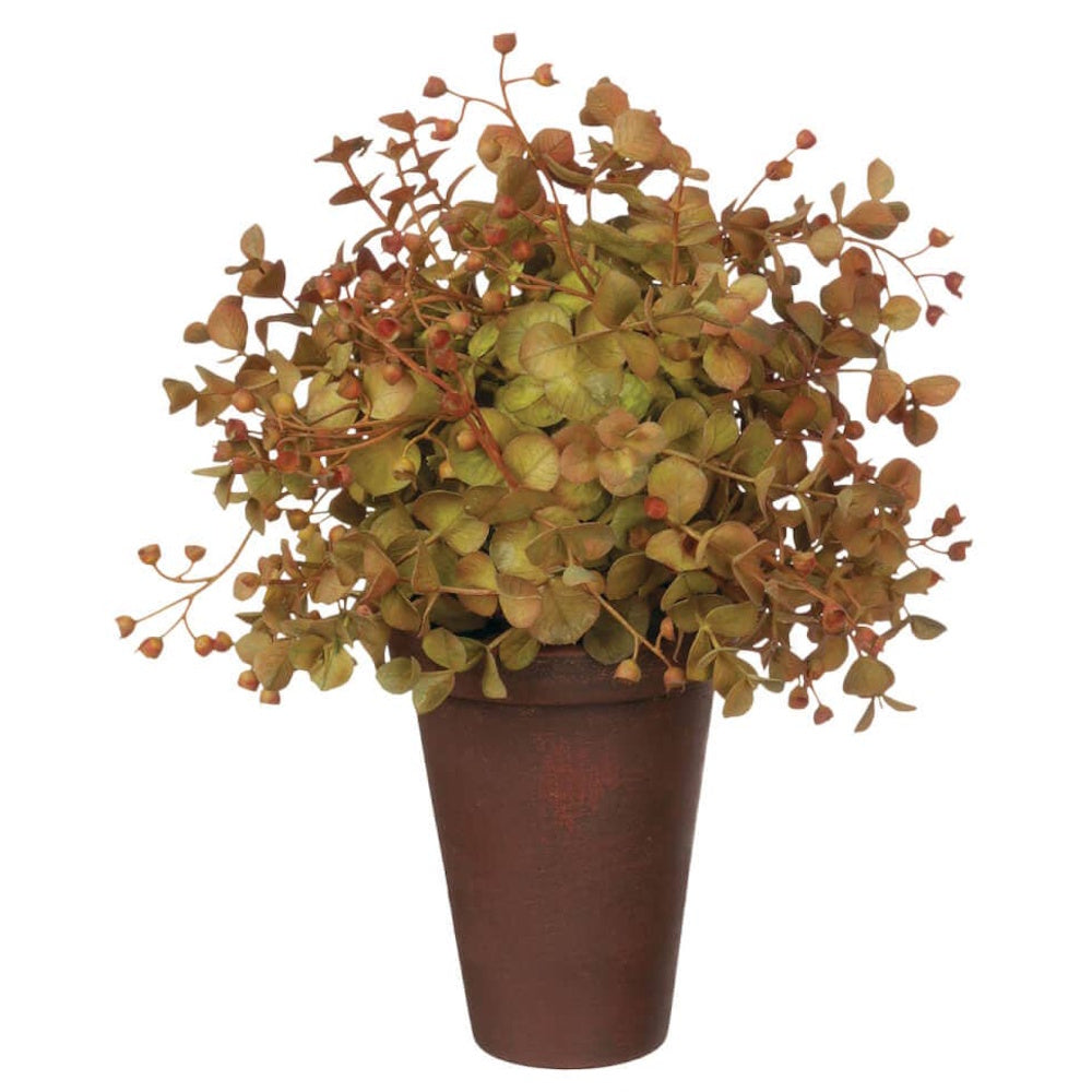 Artificial eucalyptus orb with muted green and rust-colored leaves in a tall brown terracotta pot.