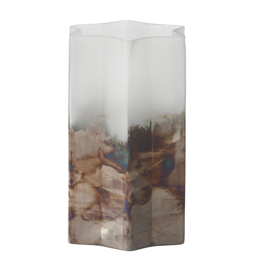 Tall star-shaped glass vase with a frosted white top and metallic acid-wash base.