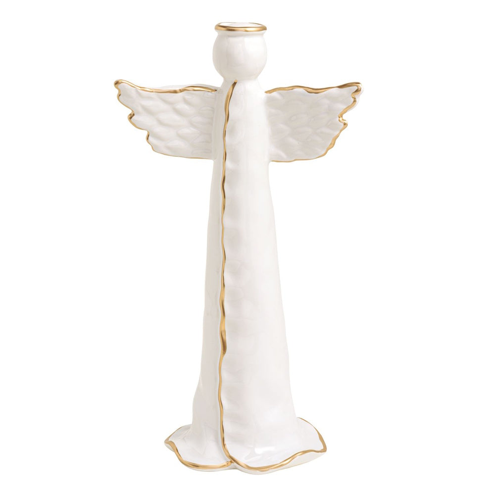 Tall white ceramic angel figurine featuring gold trimmed wings, halo, seam, and base.