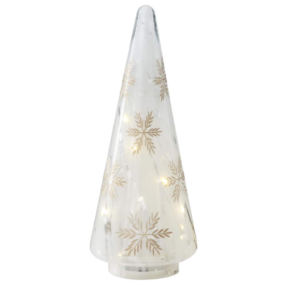 Large frosted glass LED Christmas tree with gold-etched snowflake pattern and warm internal lighting.
