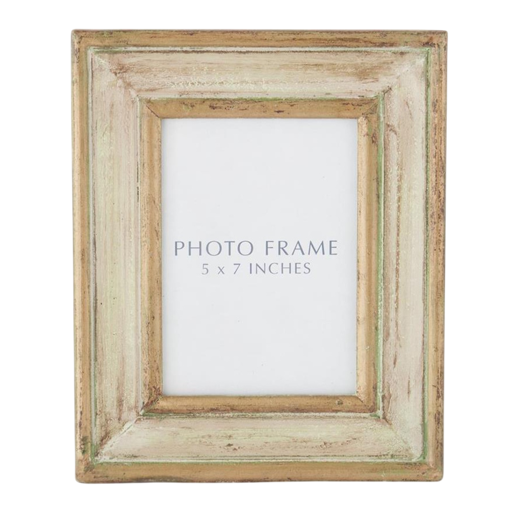 Rustic 5x7 handmade carved wood photo frame with gold and green patina distressed finish.