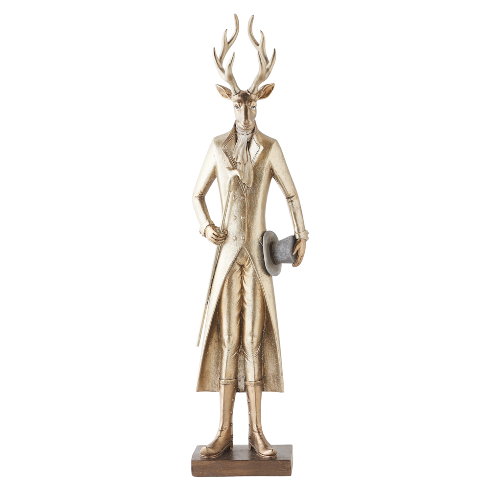 A large gold resin standing deer figurine dressed in a vintage coat, holding a walking stick and top hat.
