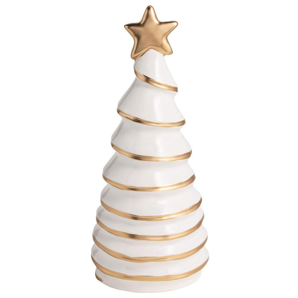 White ceramic Christmas tree figurine topped with a star and accented with metallic gold stripes.