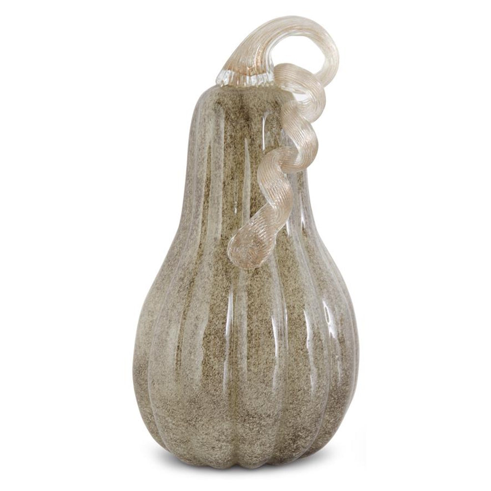 A tall, handblown glass decorative gourd with a mottled grey-brown finish and a curled clear stem.