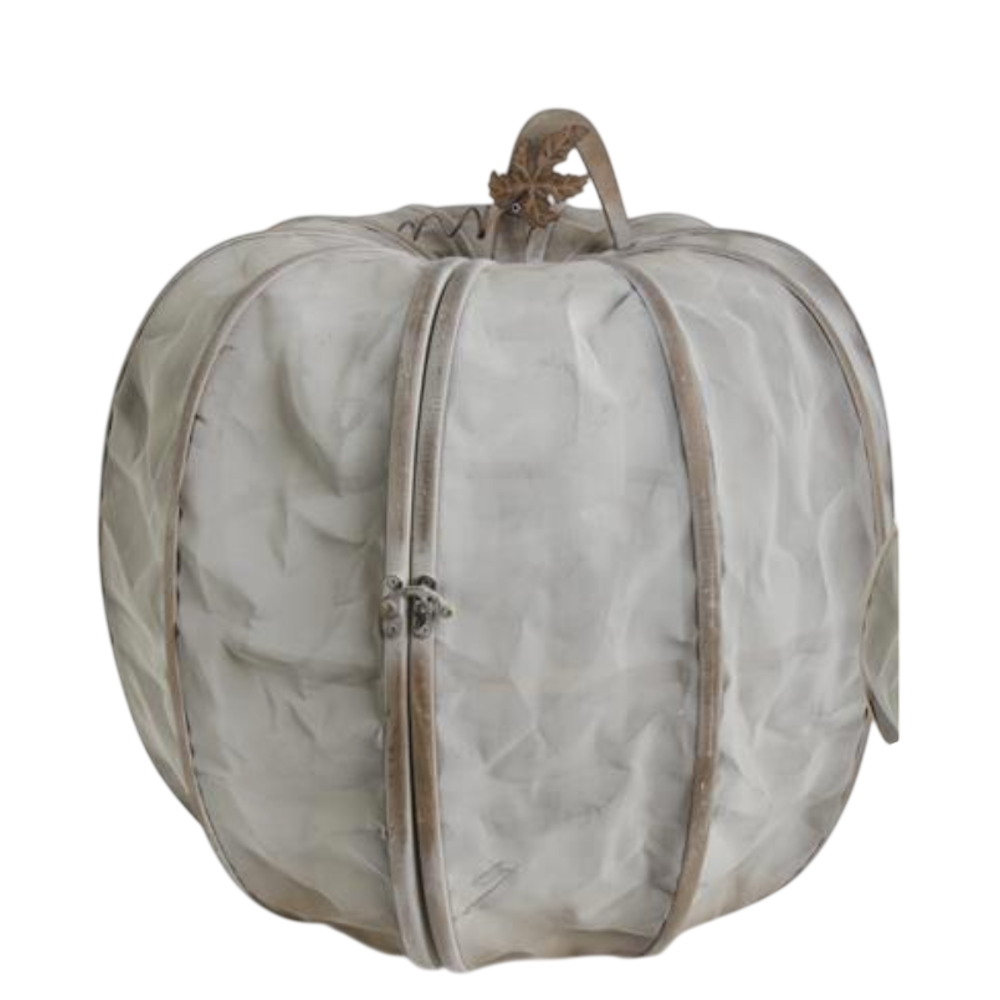Large rustic gray mesh pumpkin decoration with a metal frame, small leaf accent, and a front latch closure.