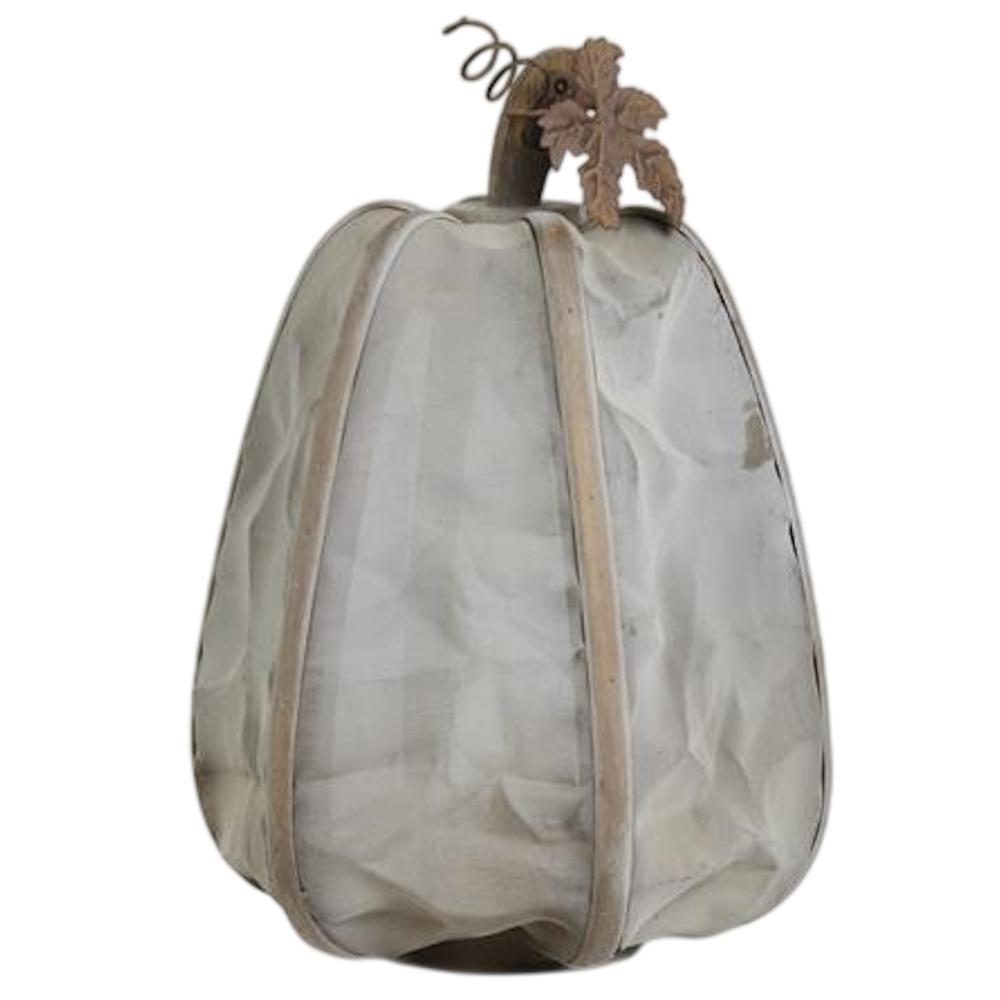 A tall, gray mesh pumpkin decor piece with a wooden frame, featuring a metal stem, leaf, and curly vine.