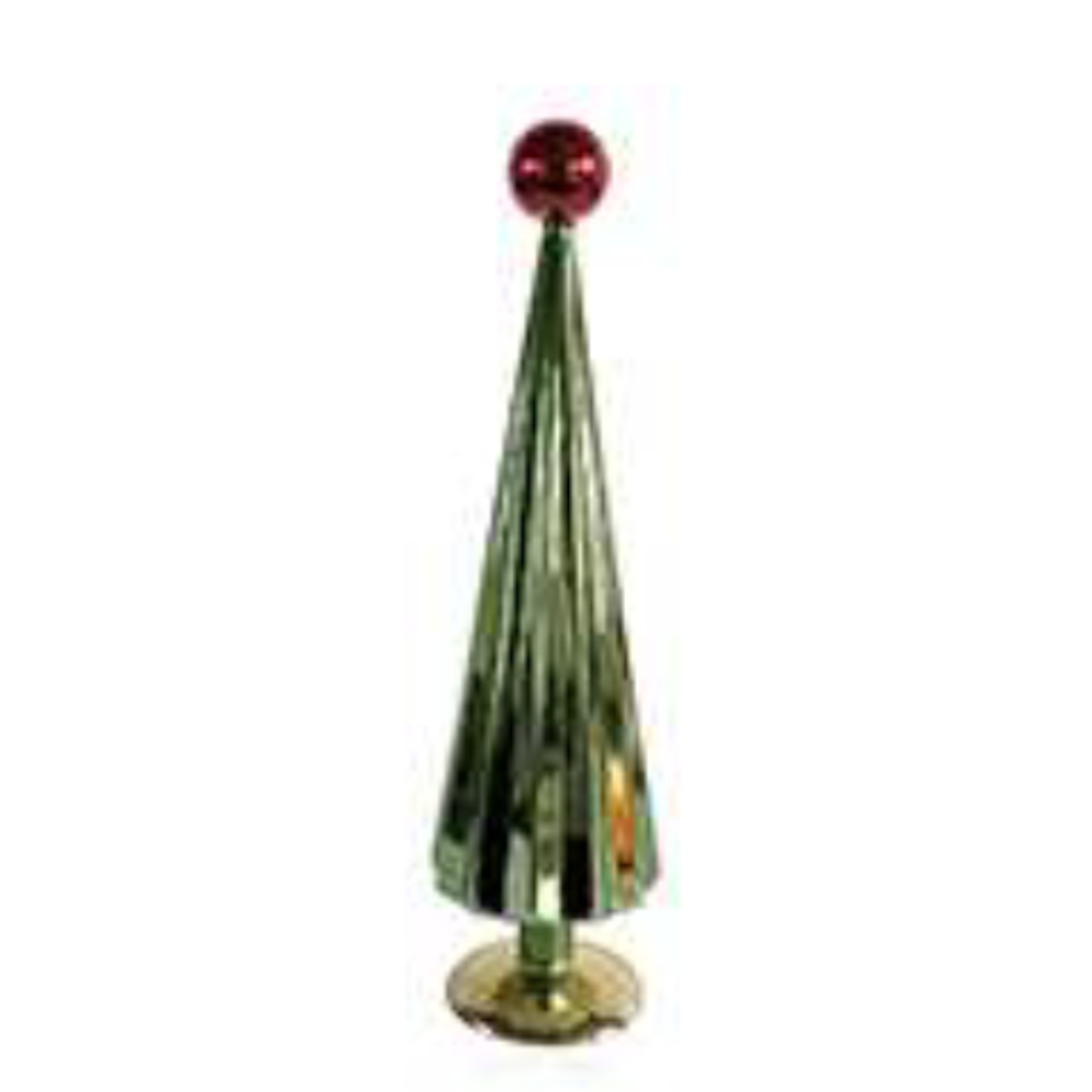 Large green glass Christmas tree figurine with a red topper from a front view.