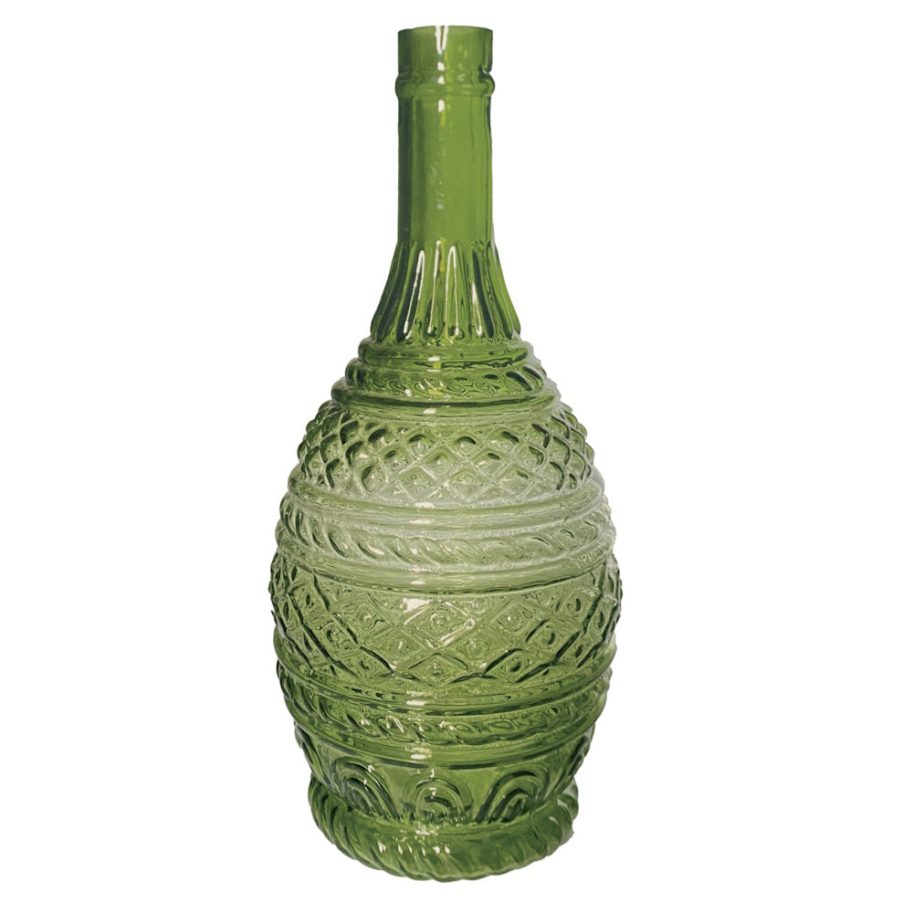 Green embossed glass bottle-shaped vase with intricate textured patterns against a white backdrop.