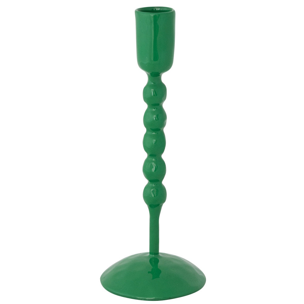 Glossy green enameled candlestick holder with a beaded stem on a plain white background.