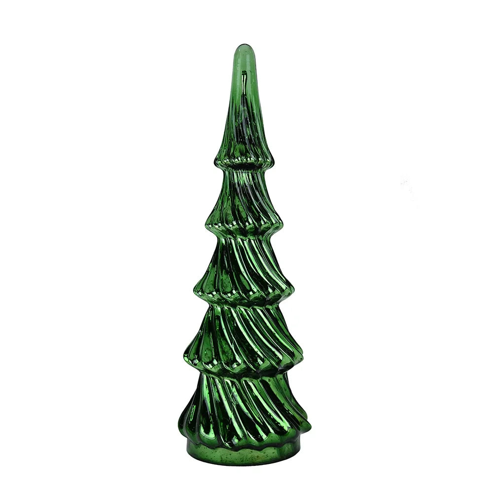 Front view of a tall green glass Christmas tree figurine with a swirled tiered design.