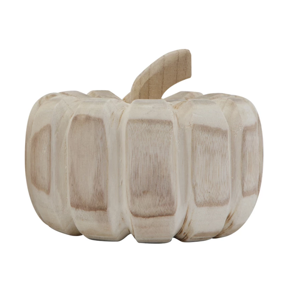 Decorative hand-carved wooden pumpkin with a light natural finish and visible wood grain.