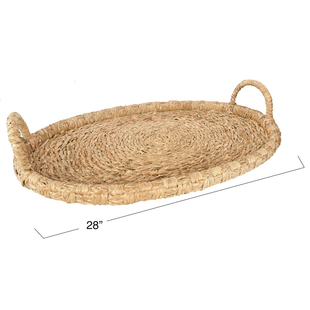 Large oval woven seagrass tray with handles and a 28-inch dimension line on a white background.
