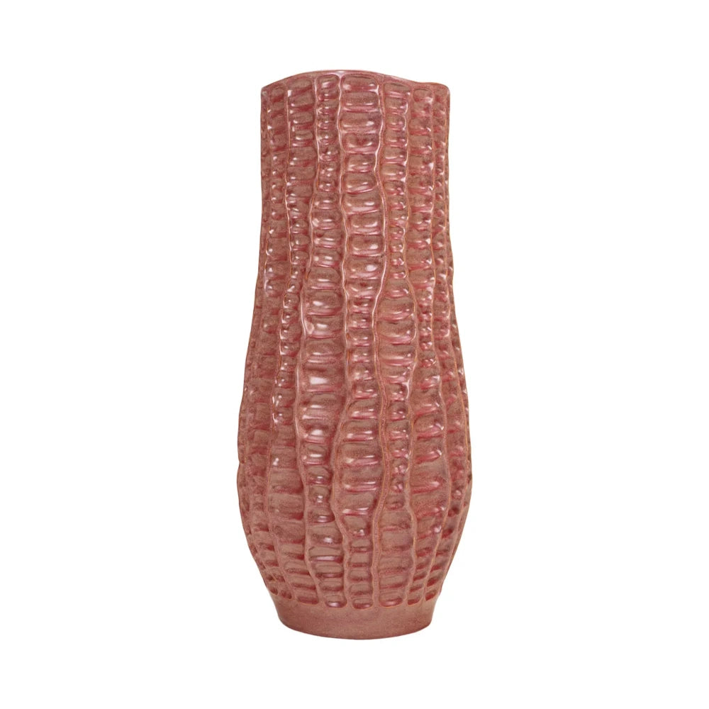 Pinkish-brown ceramic vase featuring a textured, ribbed surface with vertical ridges and a glossy glaze.