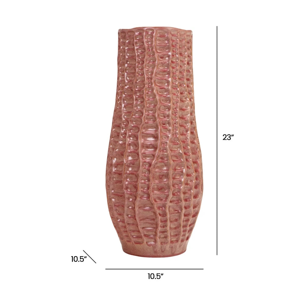 Textured reddish-pink vase with dimensions: 23 inches high, 10.5 inches wide, and 10.5 inches deep.