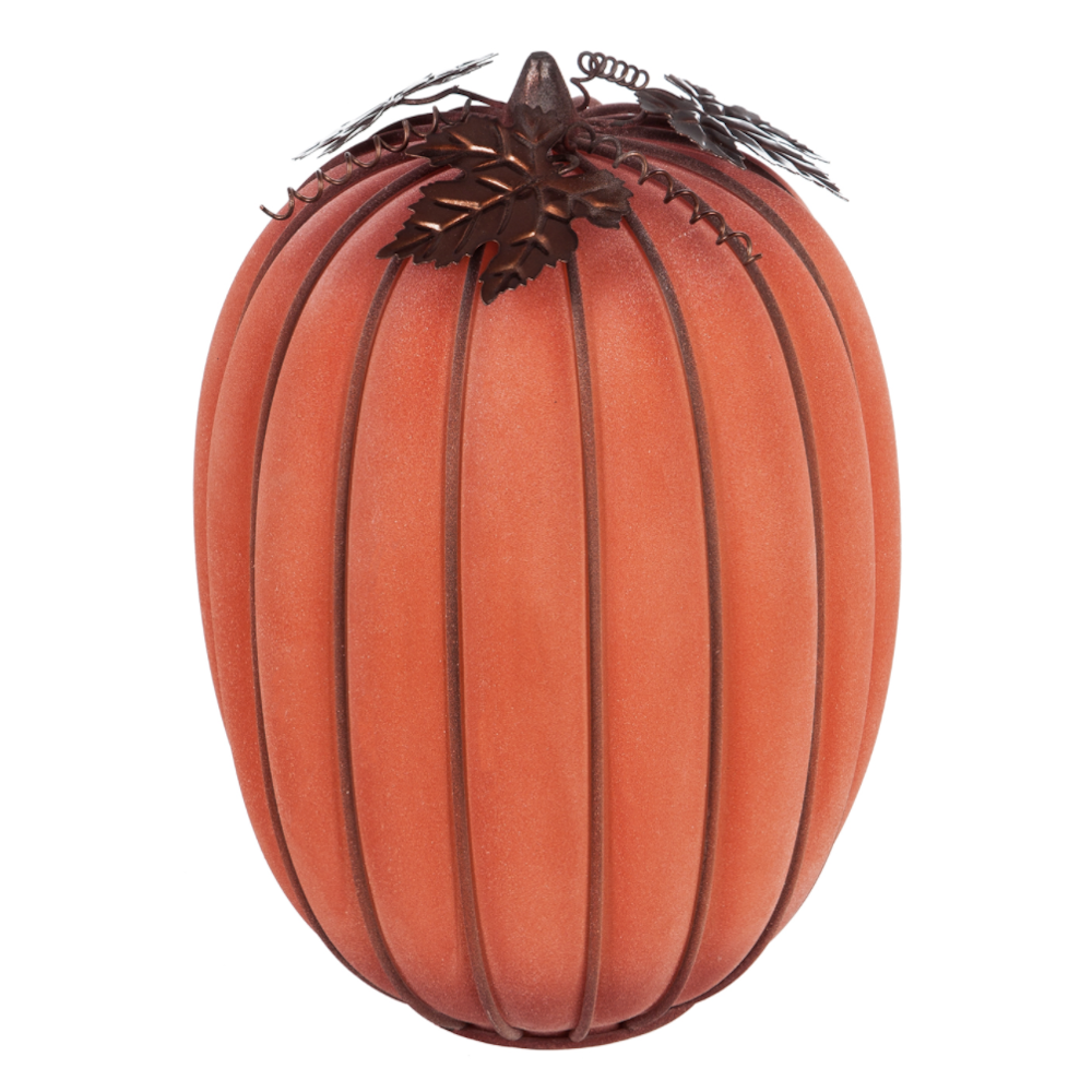 Tall, frosted orange glass decorative pumpkin with a metal leaf stem and wire cage details.