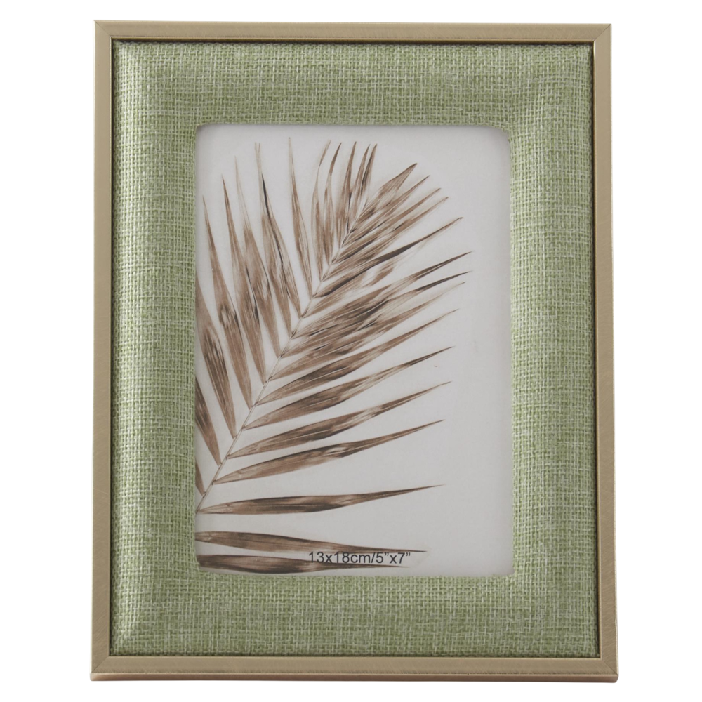 Light green woven linen photo frame with gold metal trim and palm leaf insert. Elegant home decor 5x7 picture frame.