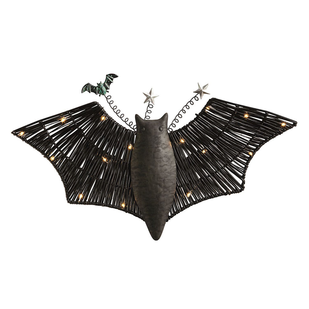 Black woven bat Halloween decor with warm LED lights, spiraled toppers, and miniature bat detail.