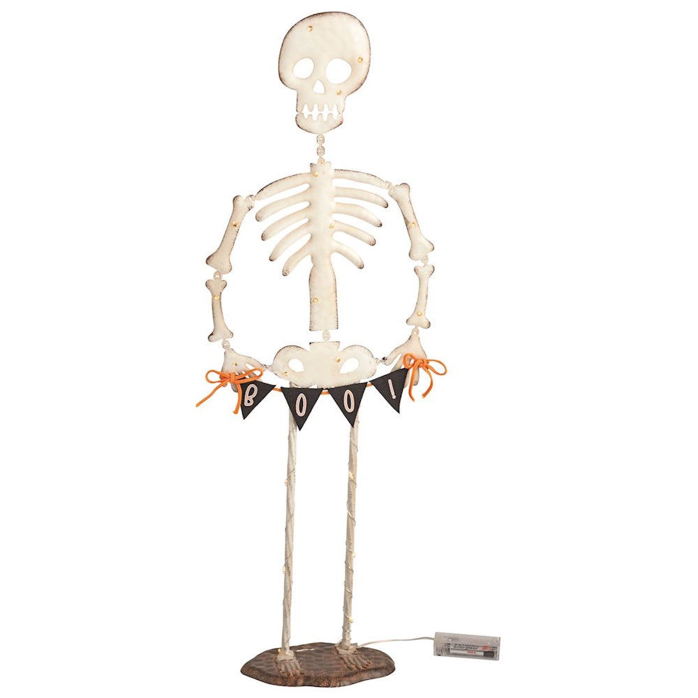 Light-up standing Halloween skeleton decoration holding a black and orange BOO banner.