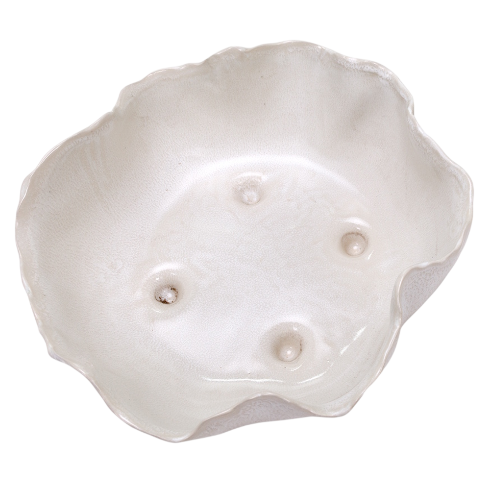 Large Magnus white ceramic bowl with organic ruffled edges and a textured finish, top-down view on a white background.