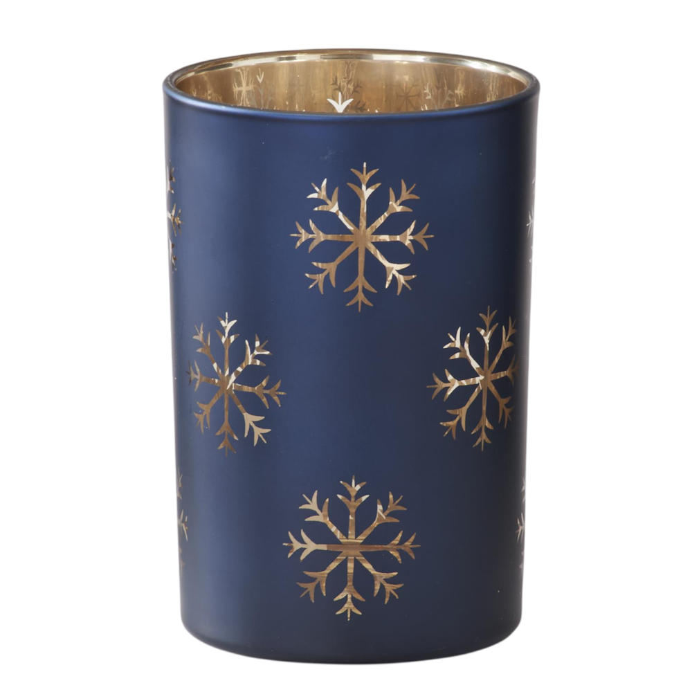 Large matte blue glass container with gold snowflakes and a reflective gold interior.