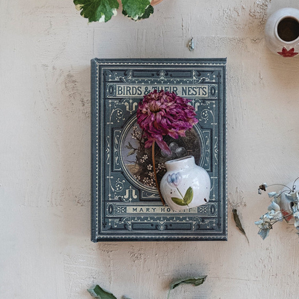 A vintage book titled Birds & Their Nests with a purple flower and a small ceramic vase on its cover.