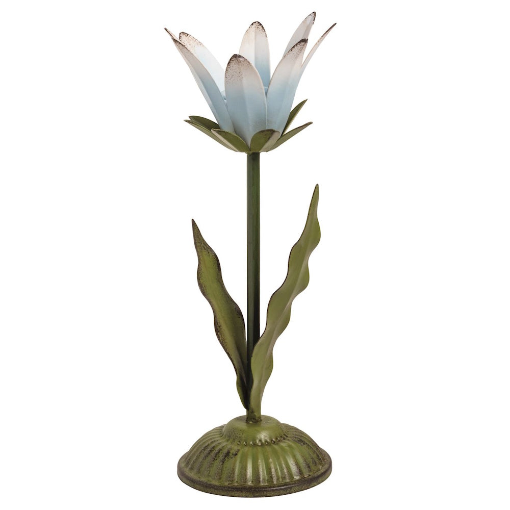 Vintage blue metal flower candlestick with green wavy leaves and base, isolated on white for rustic home decor.