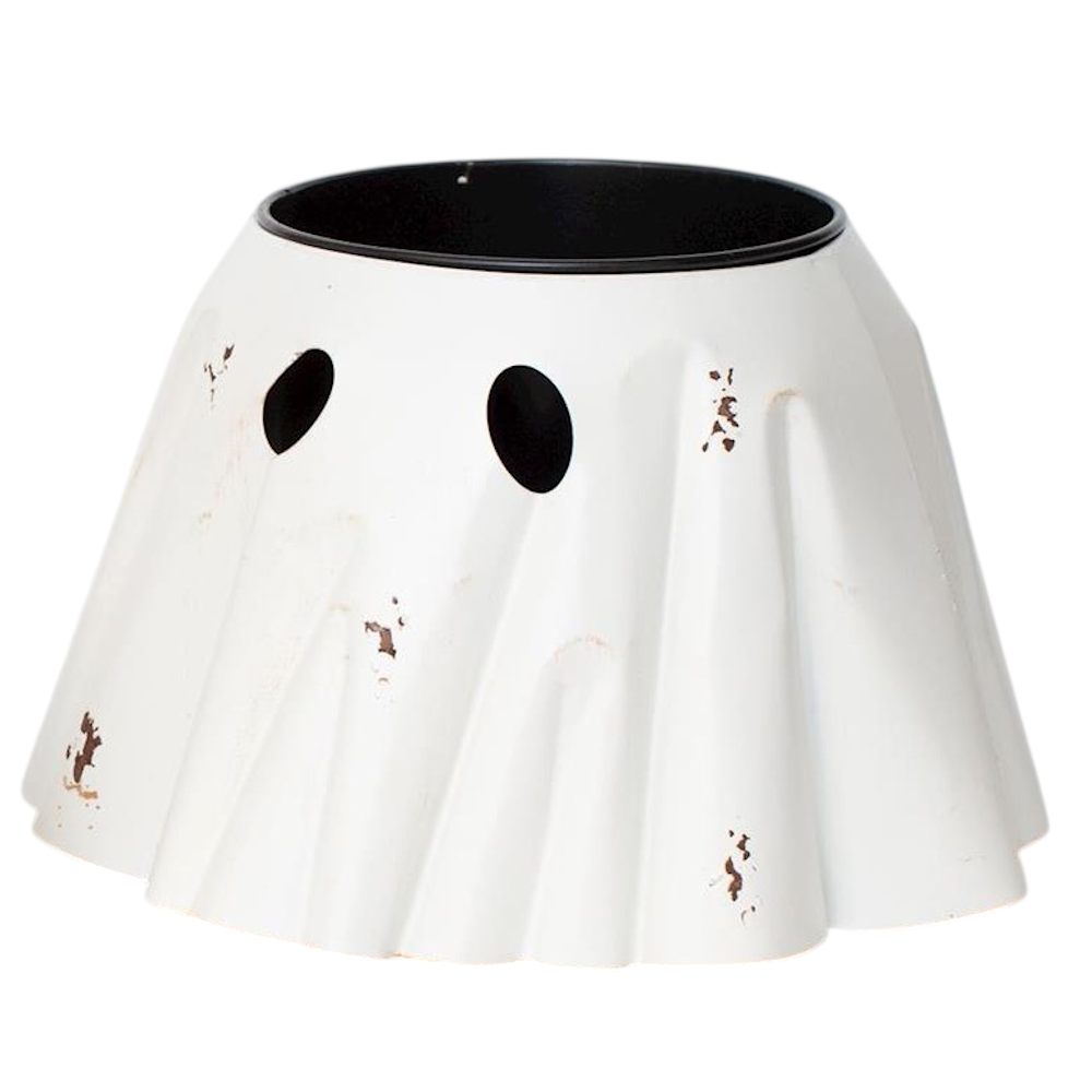 A white metal ghost-shaped planter with two black oval eyes and slight distressed accents.