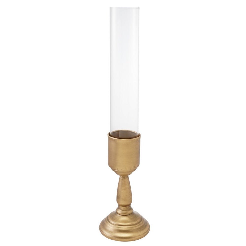 Tall brass metal taper candle holder featuring a clear cylindrical glass hurricane shade.