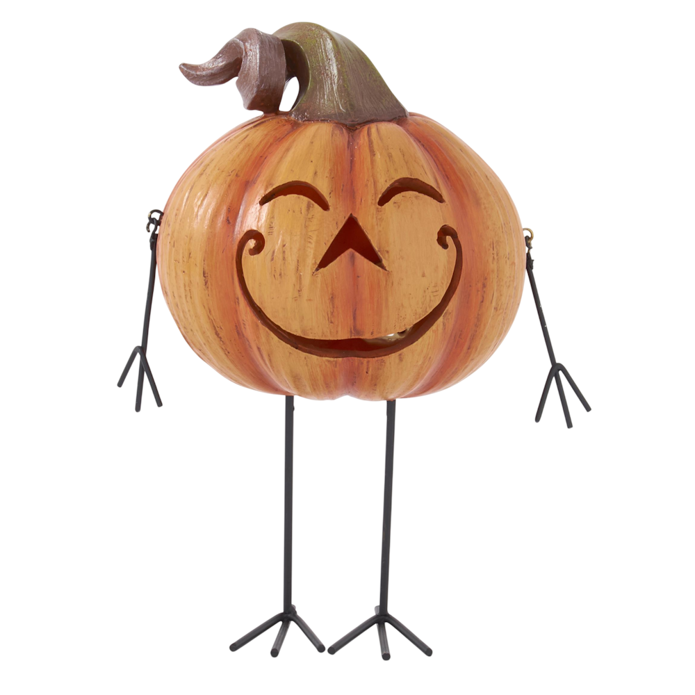 A smiling pumpkin jack-o'-lantern decoration with long stick legs and arms.