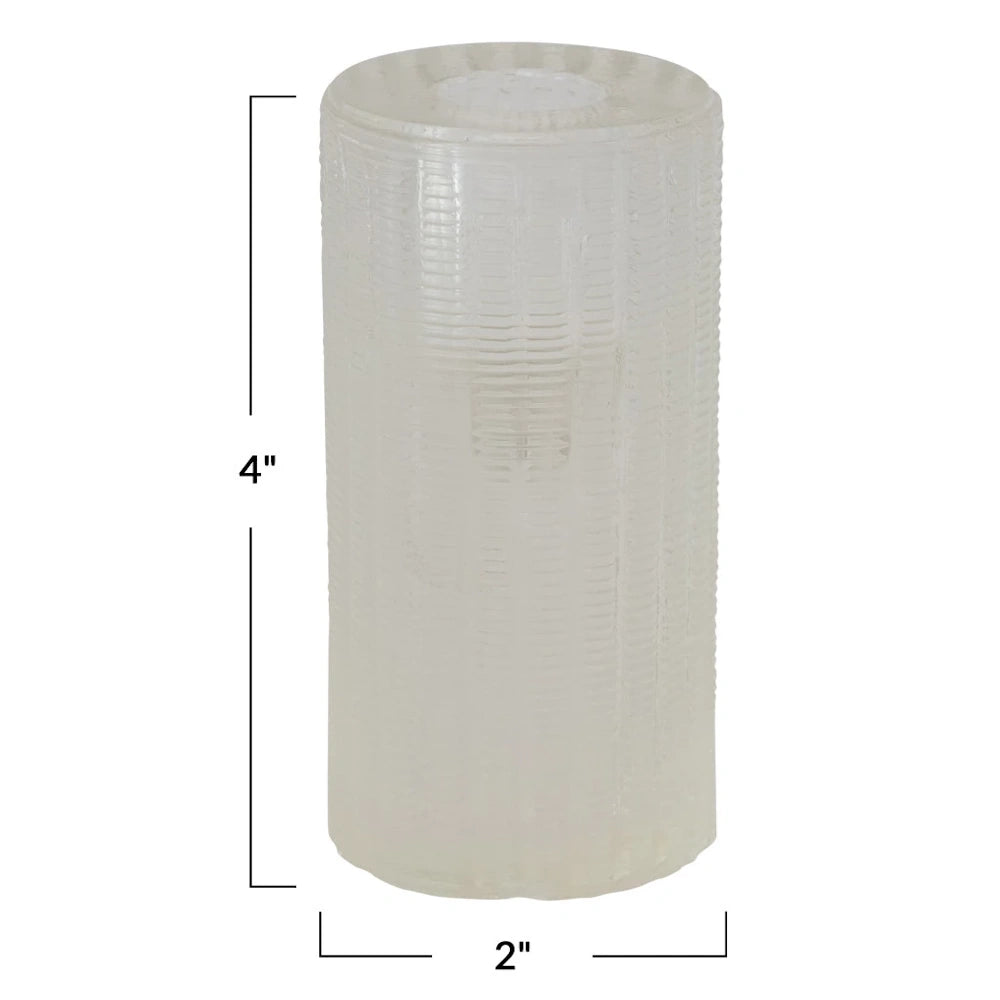 Tall clear ribbed glass taper candle holder, 4 inches by 2 inches, elegant modern table centerpiece.