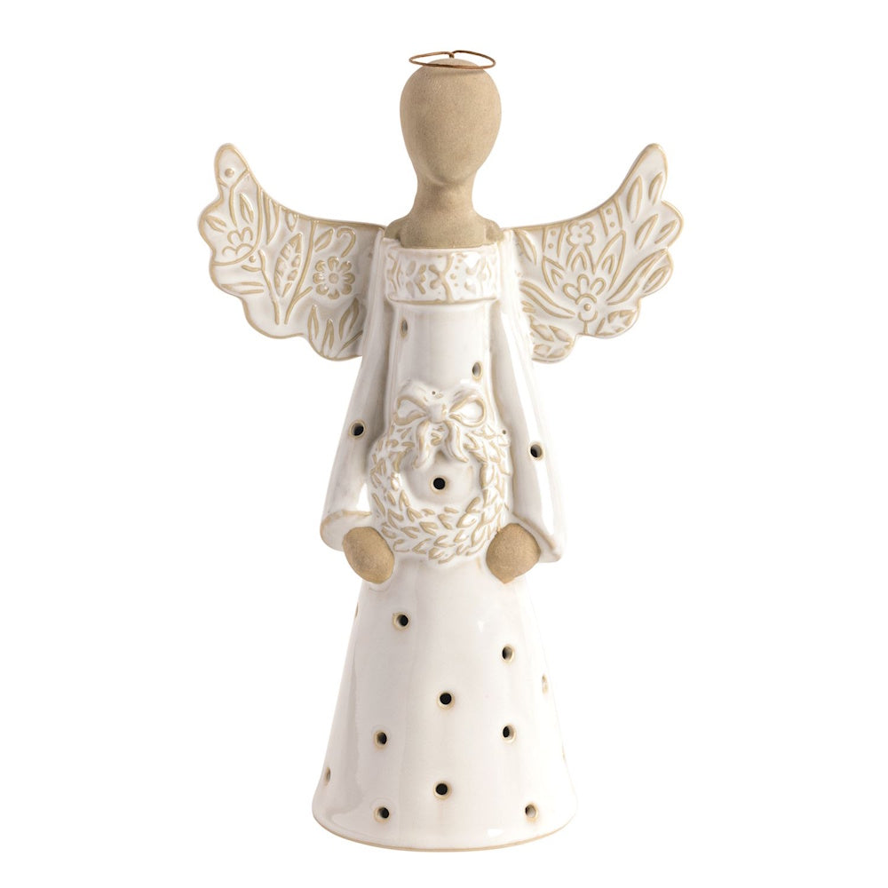 White ceramic angel votive holder with pressed lace wings and a wreath accent.