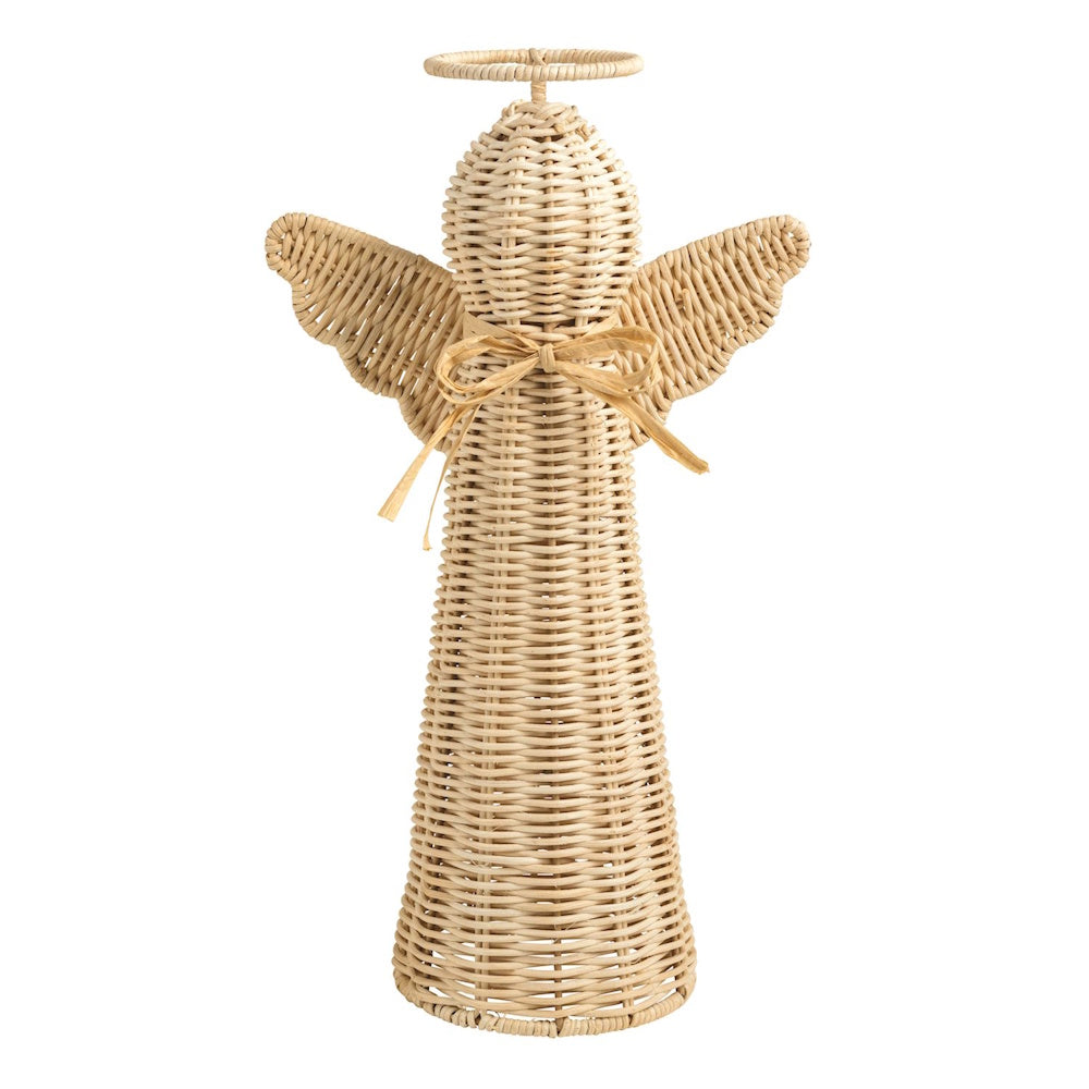 Woven rattan angel figurine with a halo and a raffia bow around its neck.