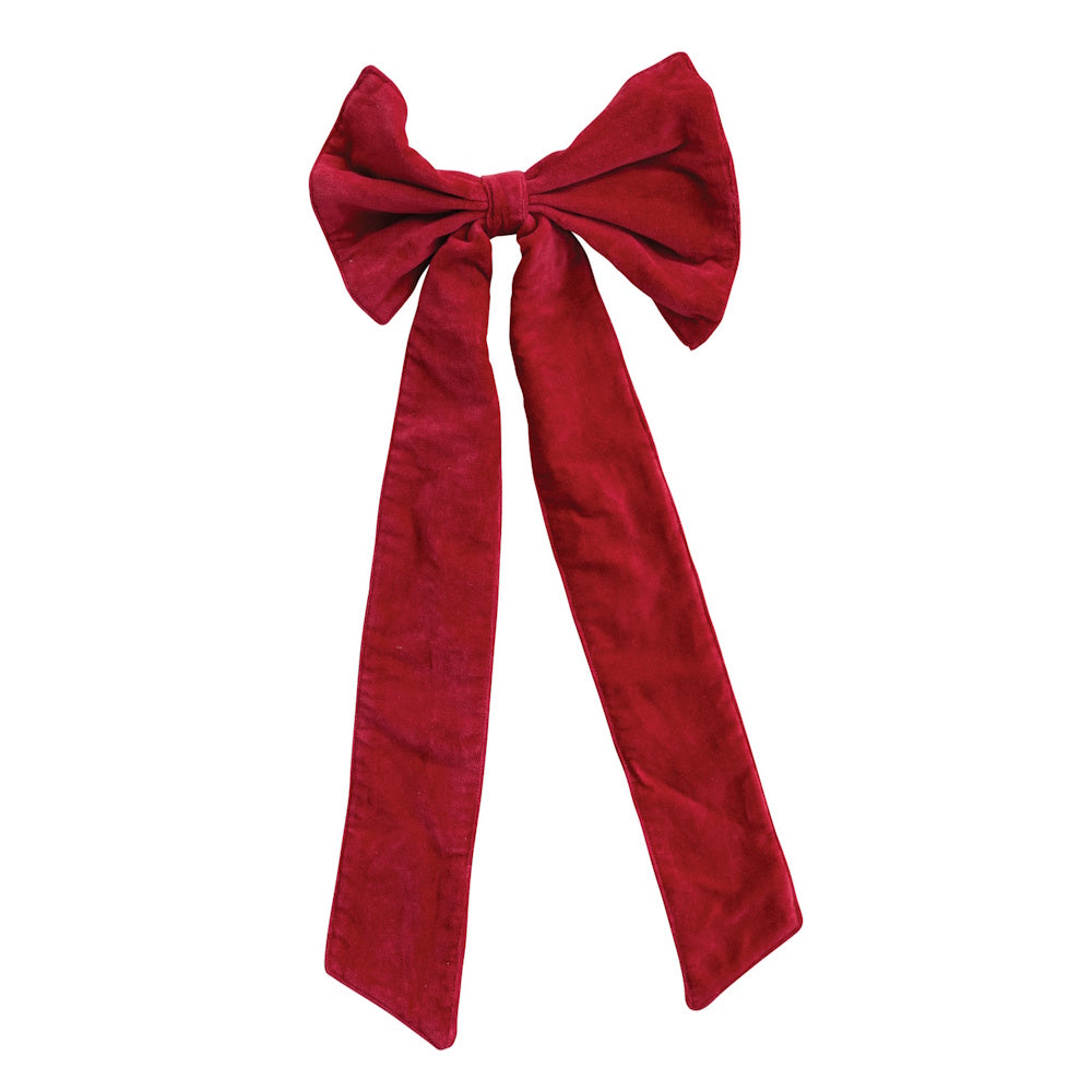 Large red cotton velvet hair bow with long trailing ribbons.
