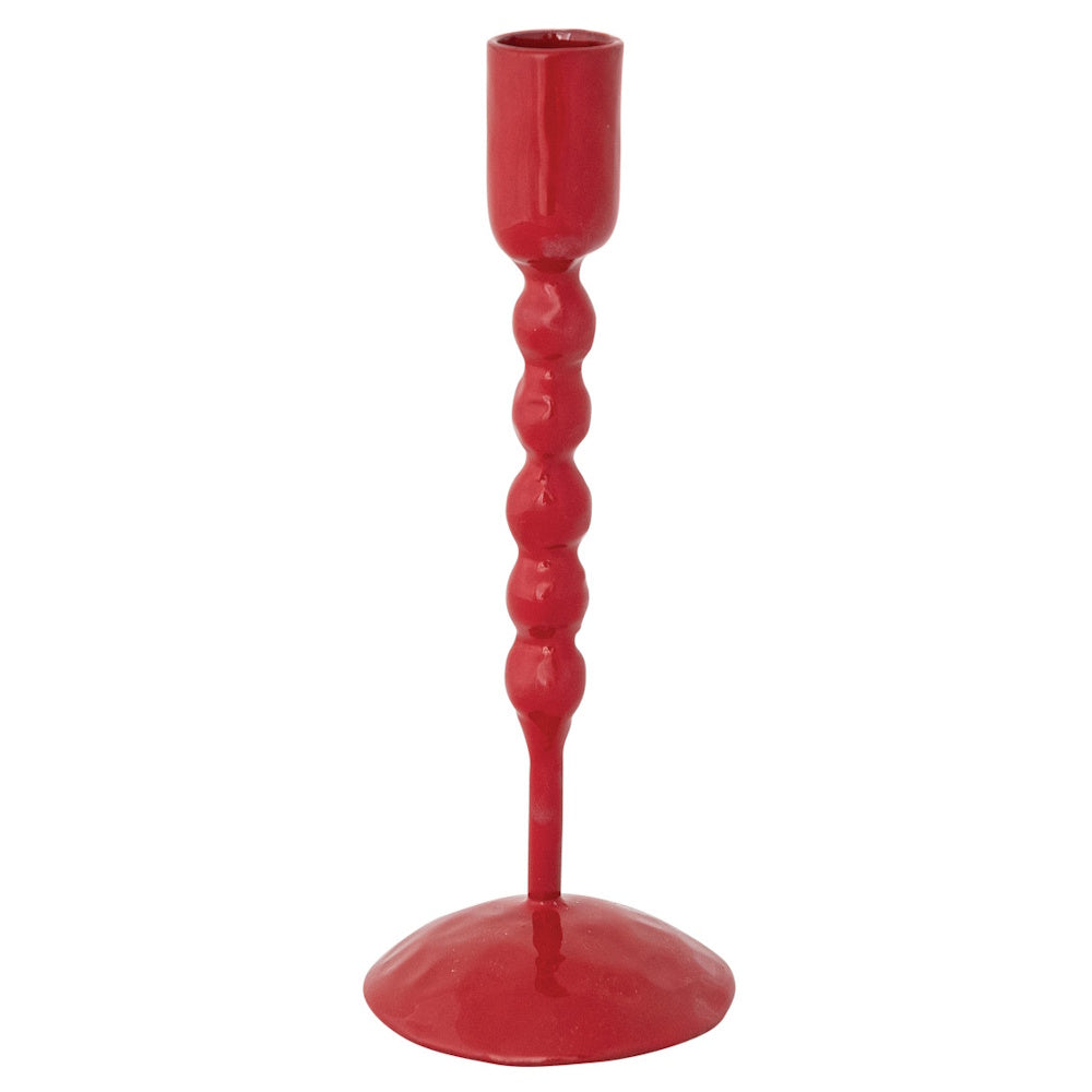 Bright red glossy enameled candlestick holder with a beaded stem and circular base.