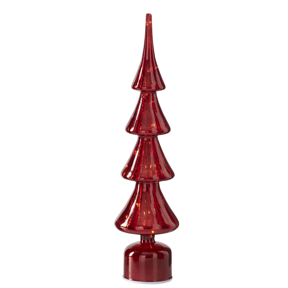 A large illuminated red glass Christmas tree decoration set against a plain white background.