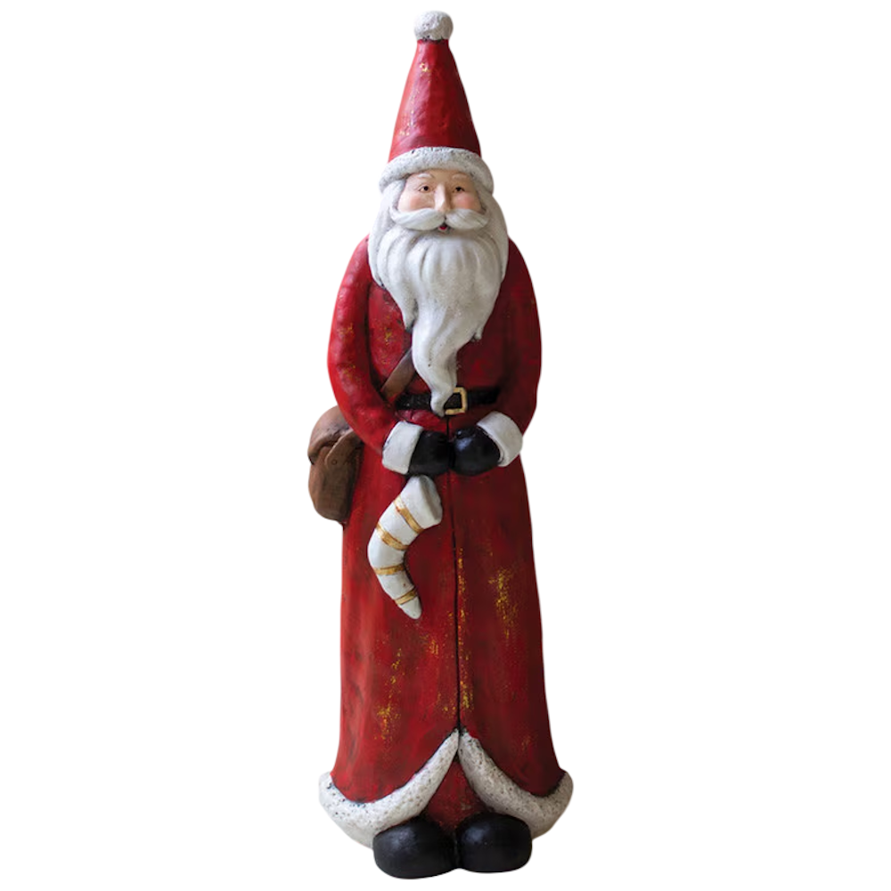 Tall resin Santa Claus figurine with a pointed hat and toy bag on a plain white background.