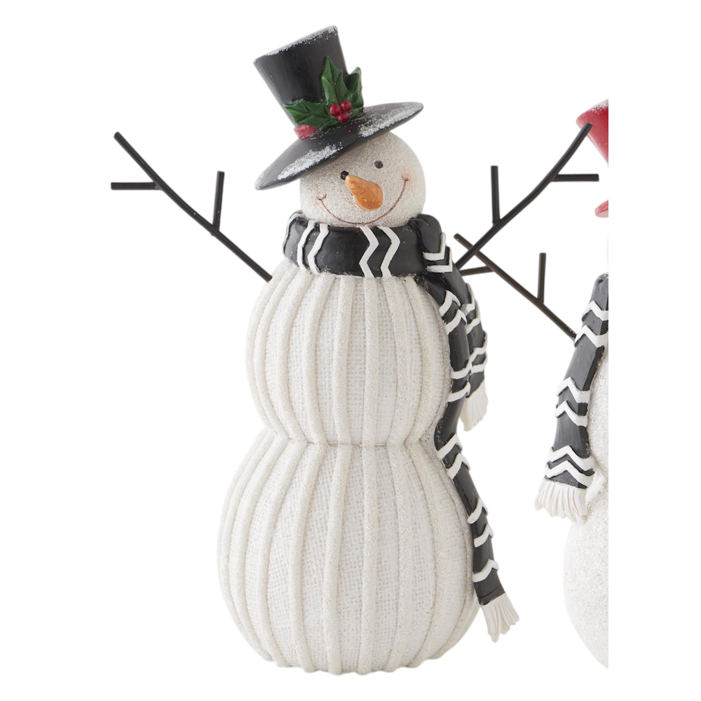 Textured white resin snowman figurine wearing a black top hat and chevron scarf, set against a white background.