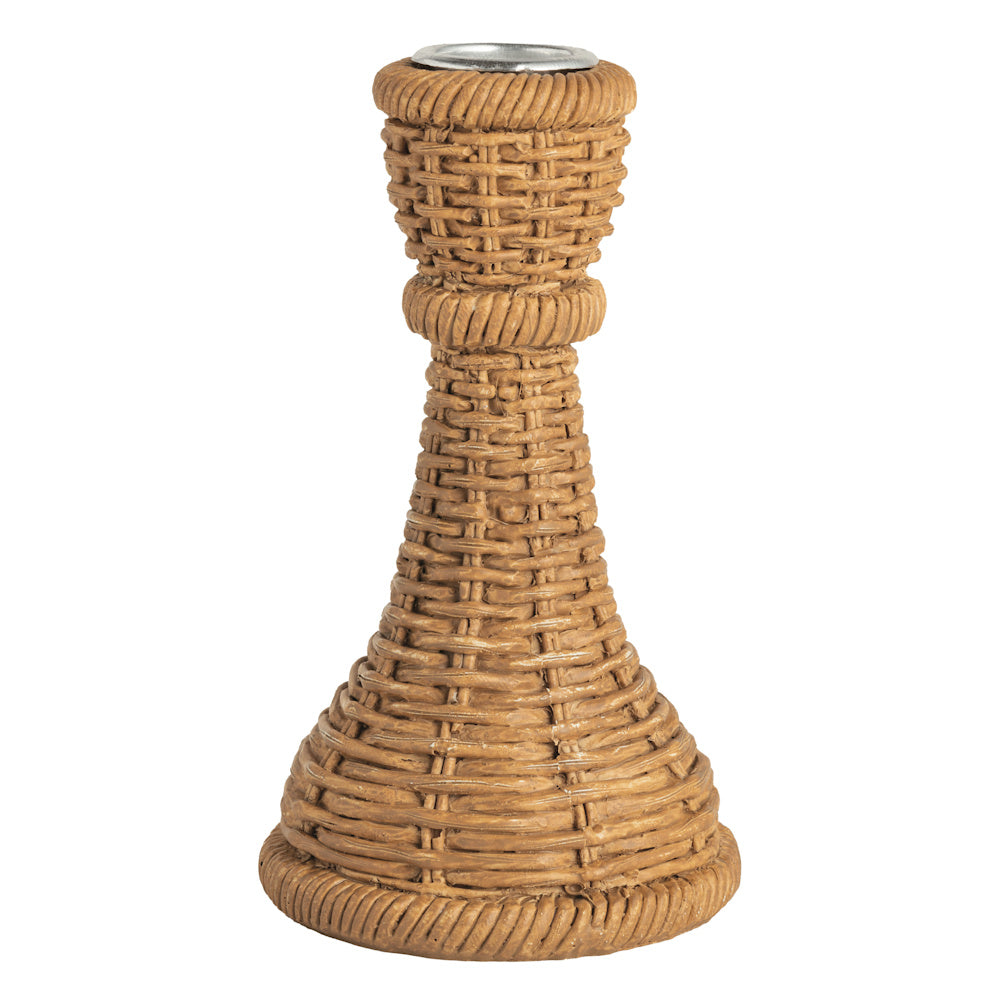 Woven brown resin taper candle holder with a rustic wicker texture and weighted base for farmhouse tabletop decor.
