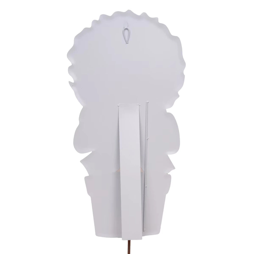 White metal backing of a table easel decoration with an integrated hanging loop and folding stand.