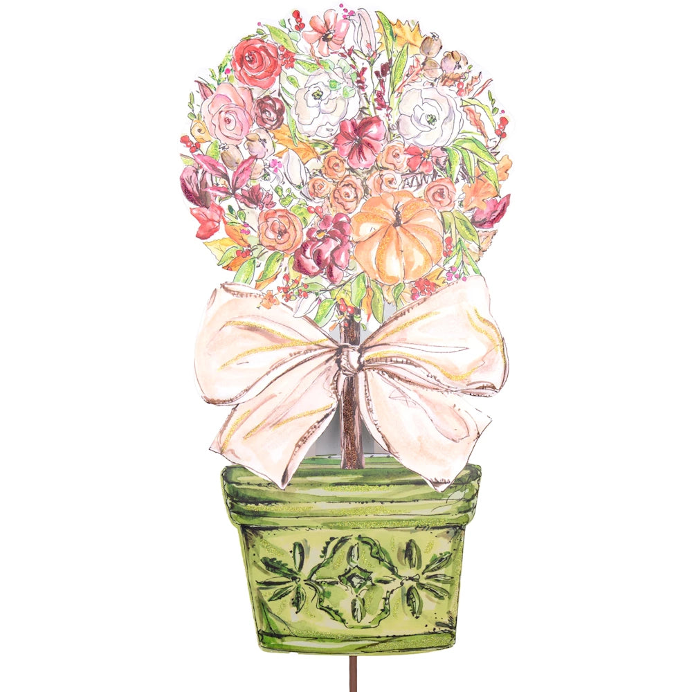 Rose and pumpkin floral topiary illustration in a green decorative pot with a large bow.