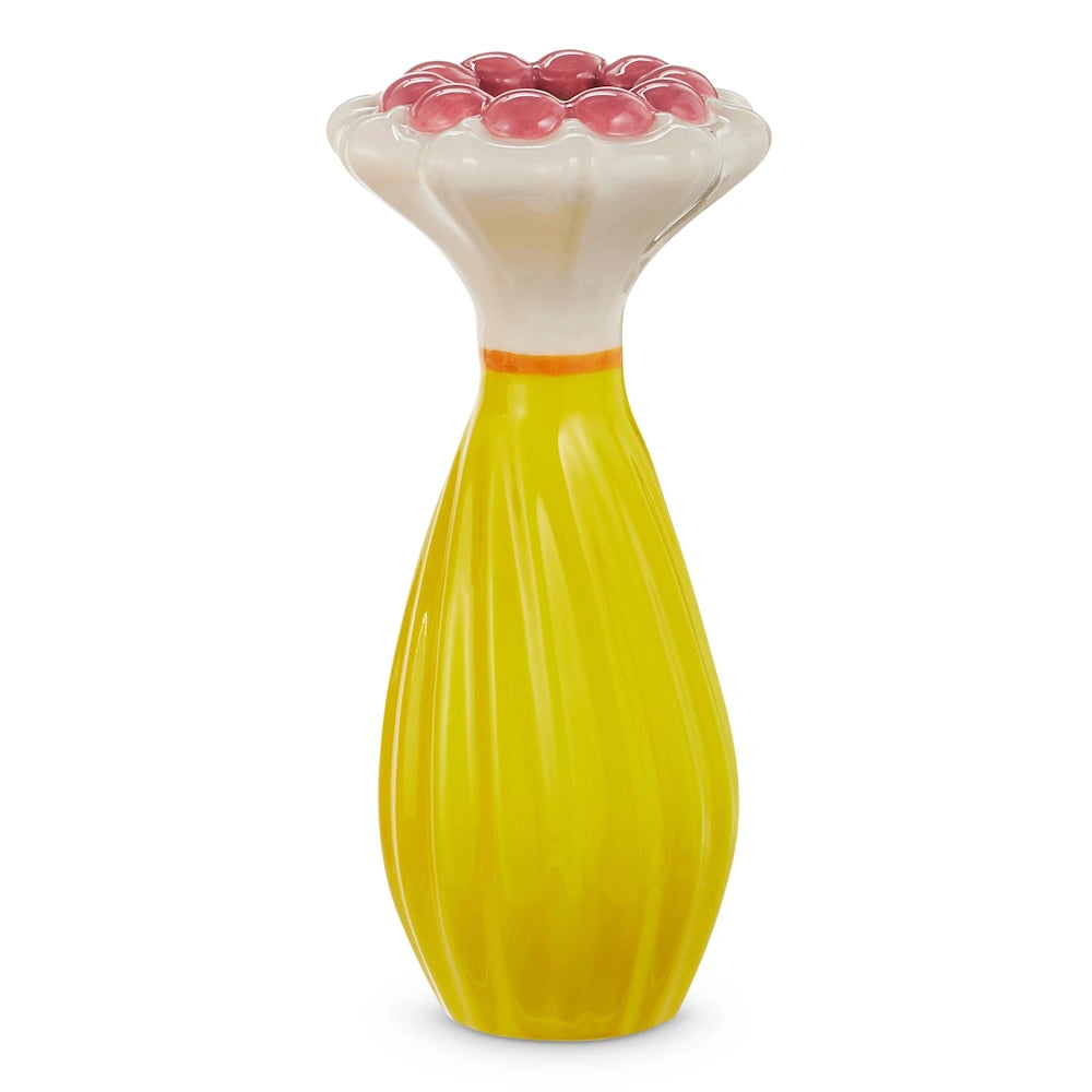 Large yellow ruffled whimsy bud vase with a white flower-shaped top and pink accents on a white background.