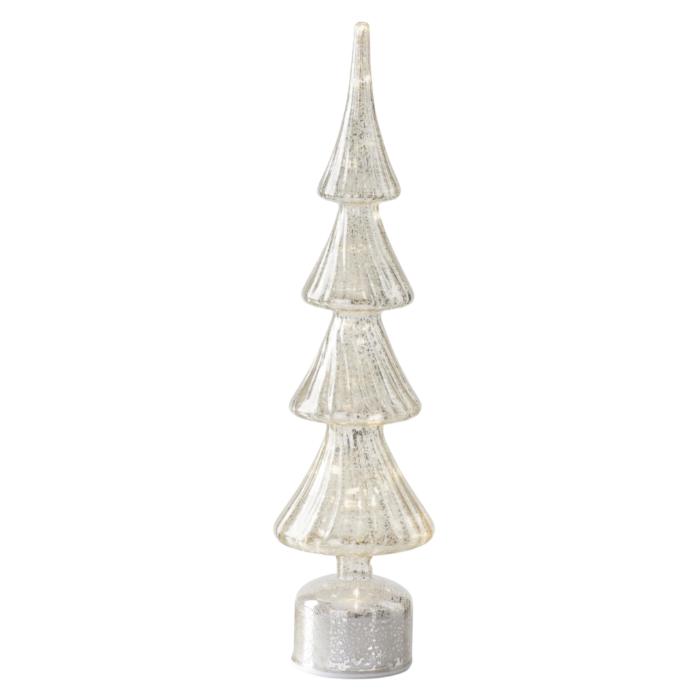 Large silver mercury glass LED Christmas tree with warm internal lighting on a white background.