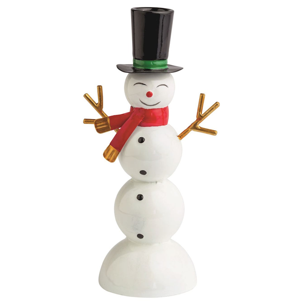 Snowman taper candle holder with a top hat, red scarf, and gold stick arms.