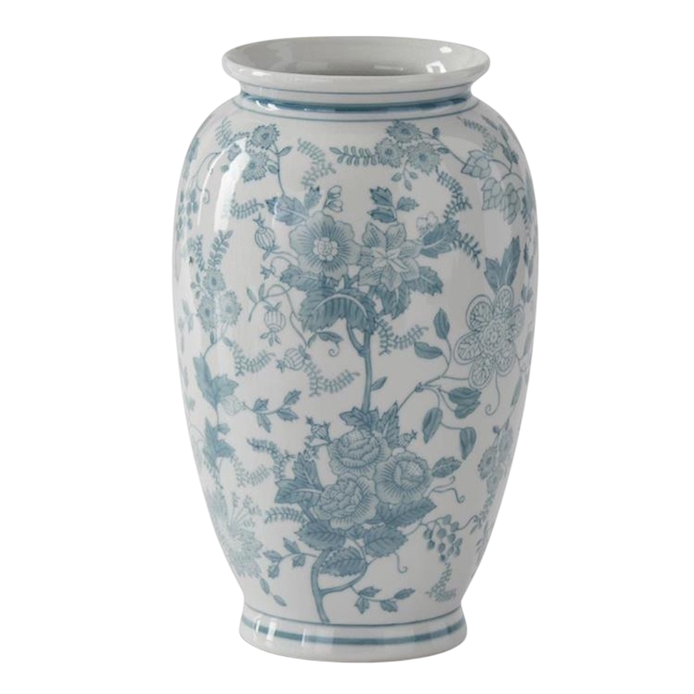 Teal and white porcelain Chinoiserie vase featuring an intricate blue floral vine pattern on a white background.