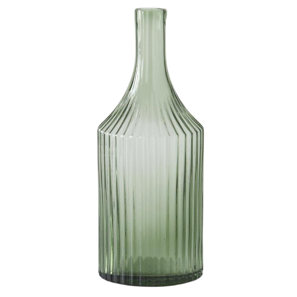 Tall transparent green glass vase with a vertical ribbed texture and a narrow neck on a white background.