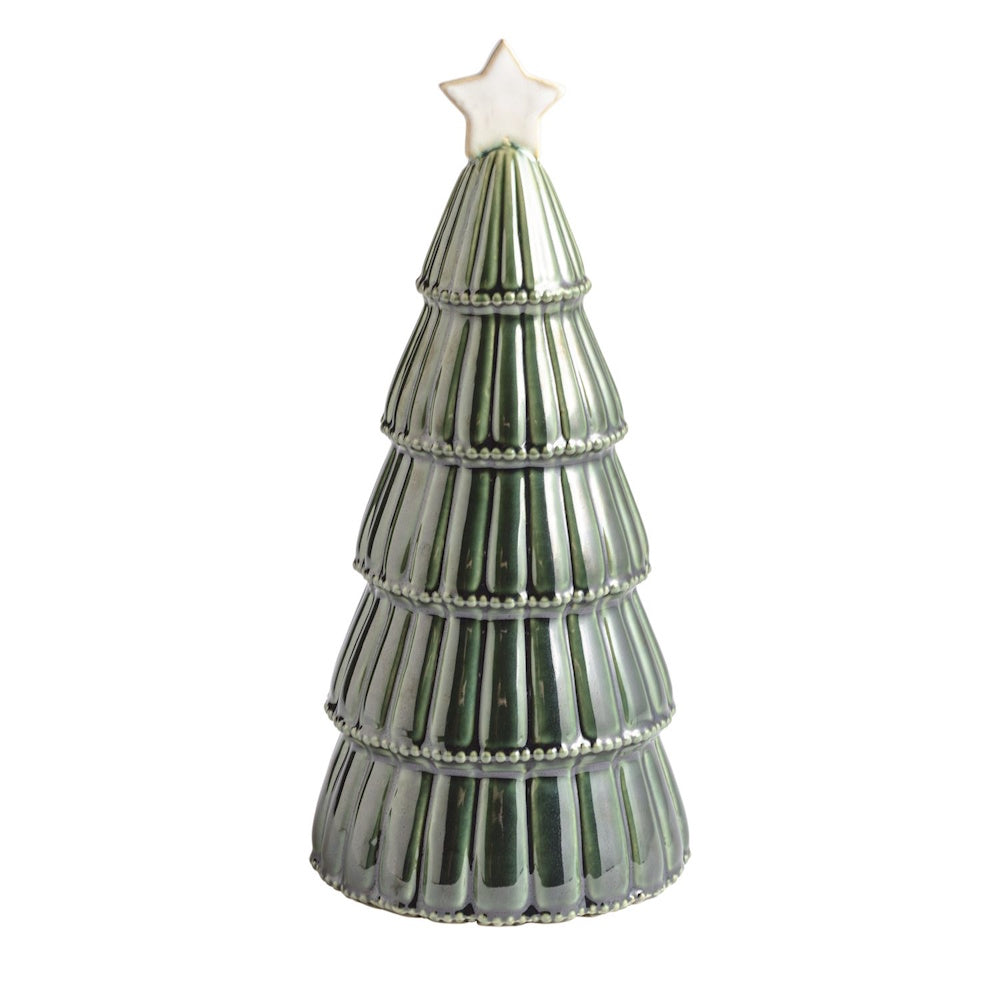 Green ceramic tiered Christmas tree figurine topped with a star.