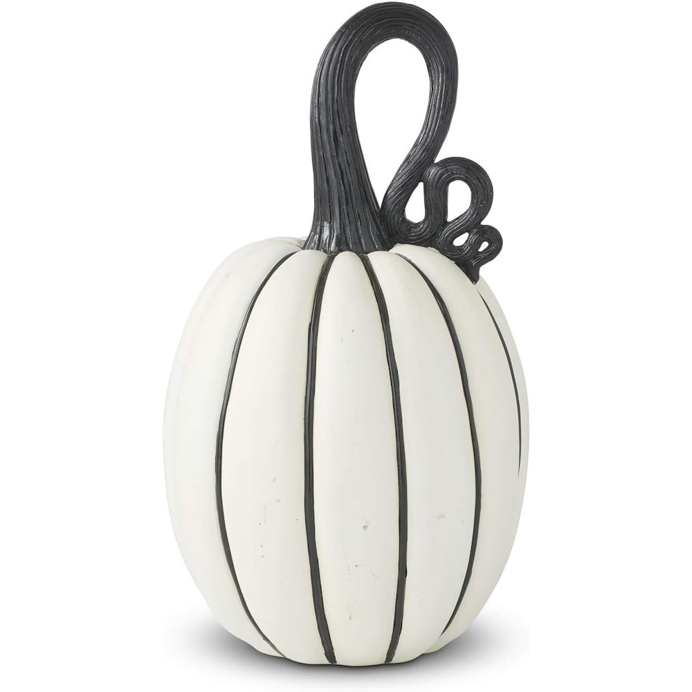 A tall white decorative pumpkin with thin vertical black stripes and a long, curly black stem.