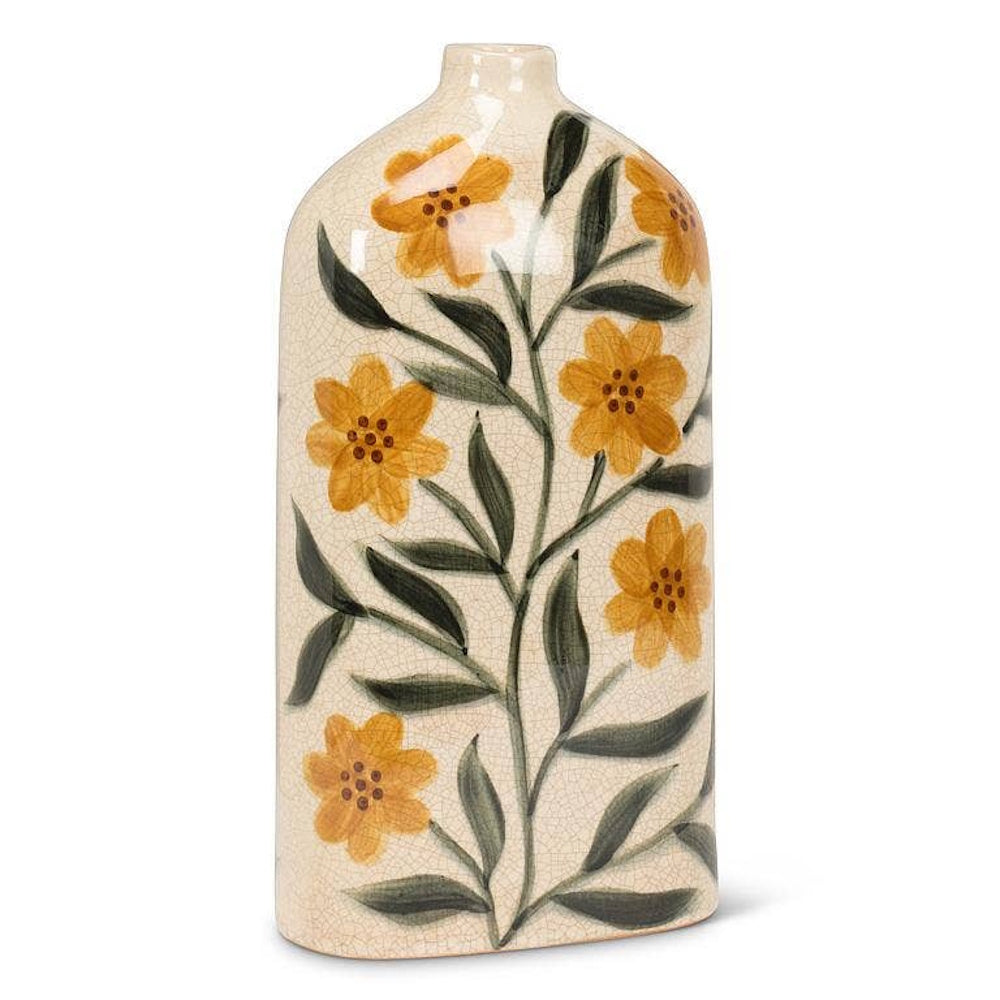 Tall crackle-glaze ceramic vase painted with yellow flowers and green leaves.