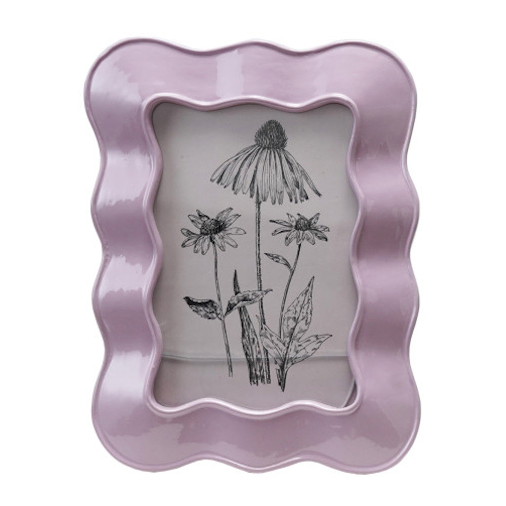 Lavender wavy ruffled picture frame featuring a black ink sketch of coneflower blossoms.
