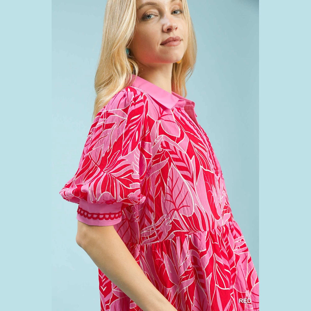 Pink and red leafy border print midi dress featuring puff sleeves and a collared V-neck.